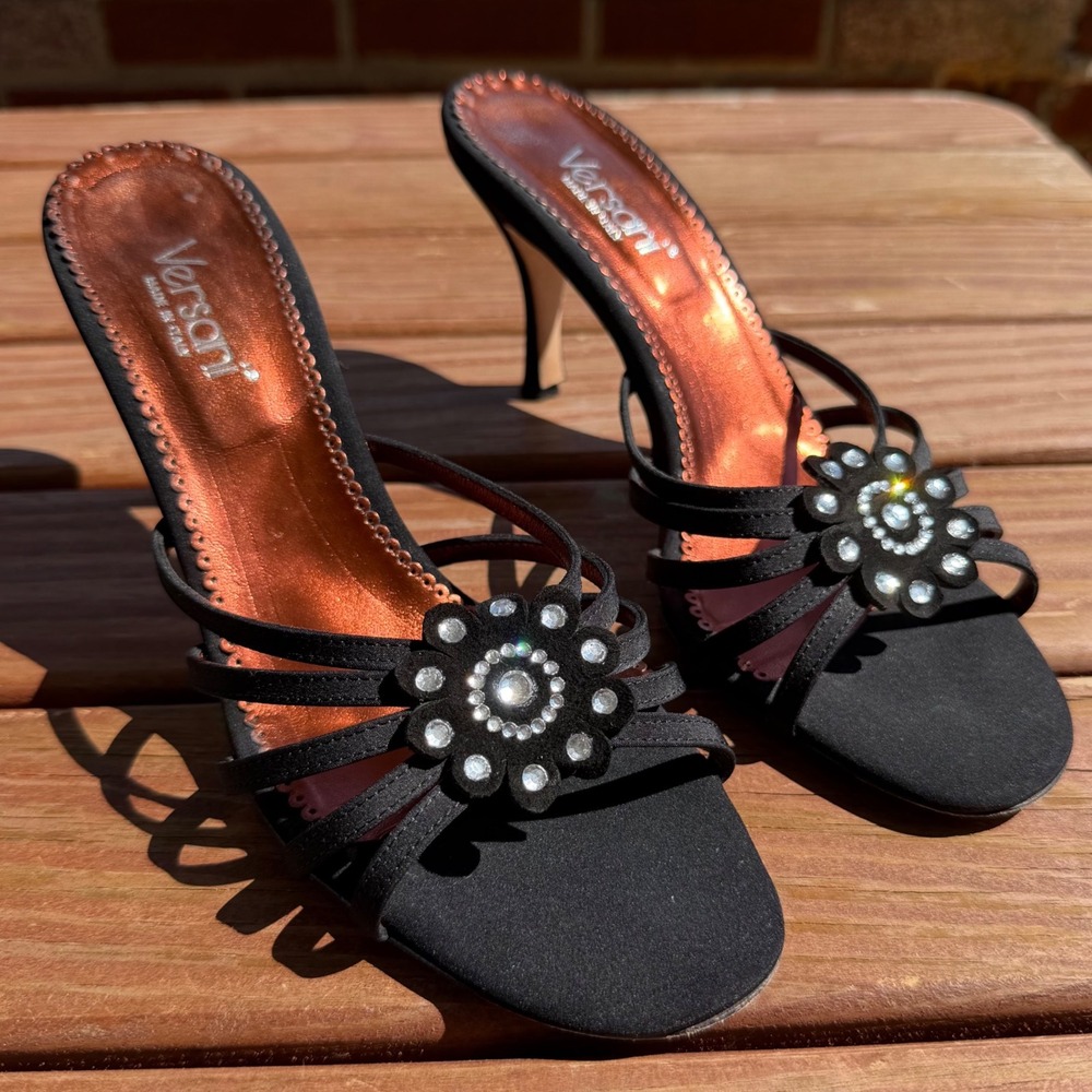 Versani Made in Italy Black Satin Rhinestone Flower Strappy Kitten Heel Womens 8